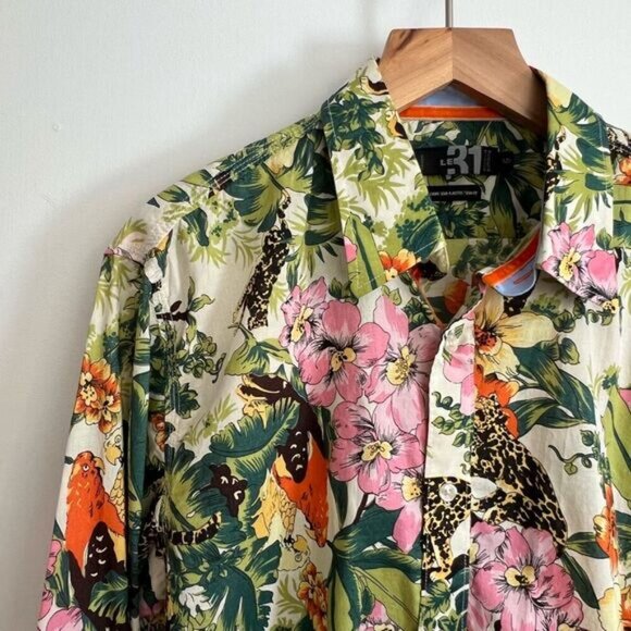 Le 31 Men’s Large Green Floral Hawaiian Camp Long Sleeve Button Down Shirt - Picture 4 of 11
